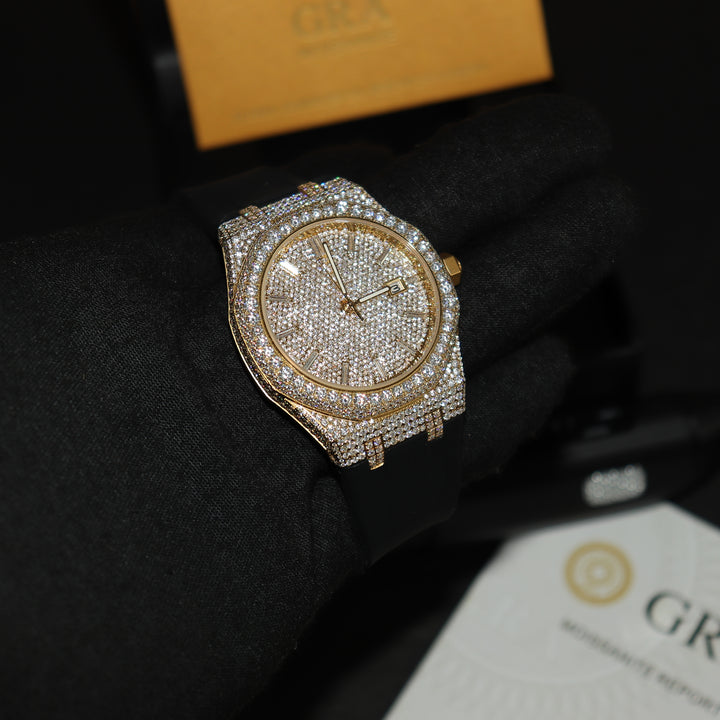 VVS1 Luxor Watch w/ Black Strap - Moissanite - Gold - ICECLIQUE JEWELRY 