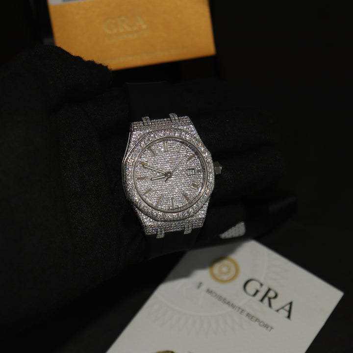 VVS1 Luxor Watch w/ Black Strap - Moissanite - White Gold