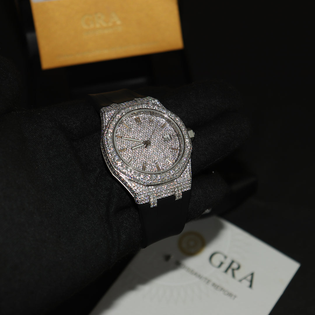 VVS1 Luxor Watch w/ Black Strap - Moissanite - White Gold