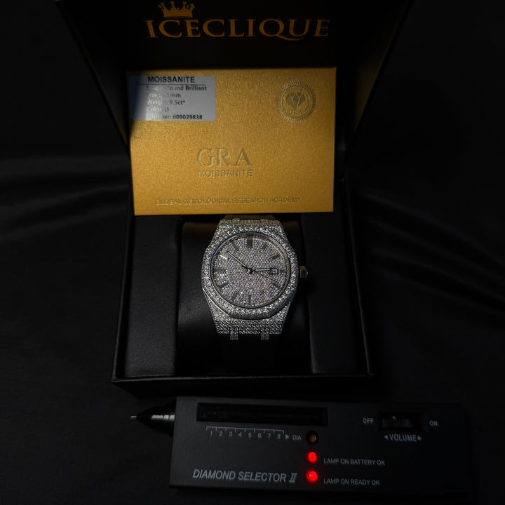 VVS1 Luxor Watch w/ Black Strap - Moissanite - White Gold