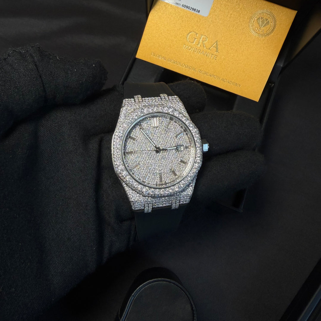 VVS1 Luxor Watch w/ Black Strap - Moissanite - White Gold