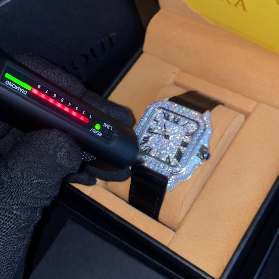 VVS1 Valore Watch w/ Black Leather Strap - Moissanite - White Gold