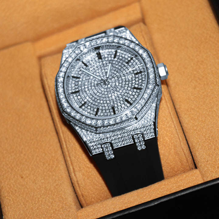 VVS1 Luxor Watch w/ Black Strap - Moissanite - White Gold