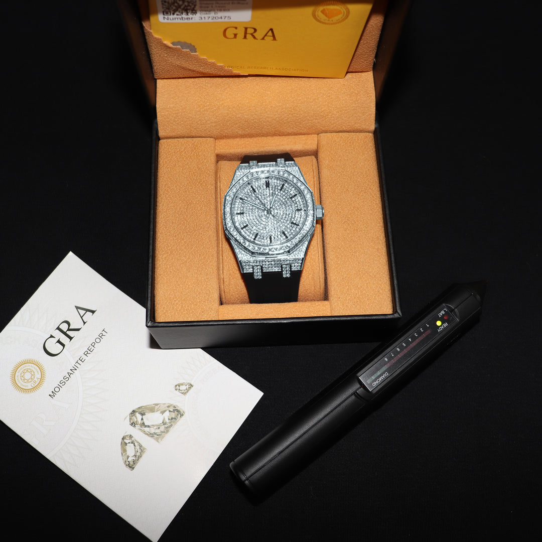 VVS1 Luxor Watch w/ Black Strap - Moissanite - White Gold