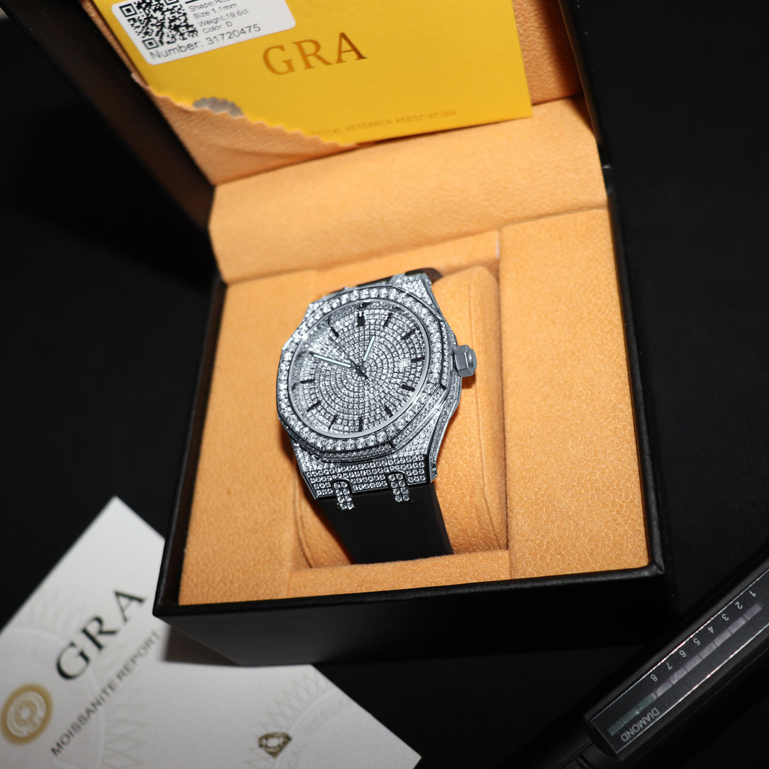 VVS1 Luxor Watch w/ Black Strap - Moissanite - White Gold