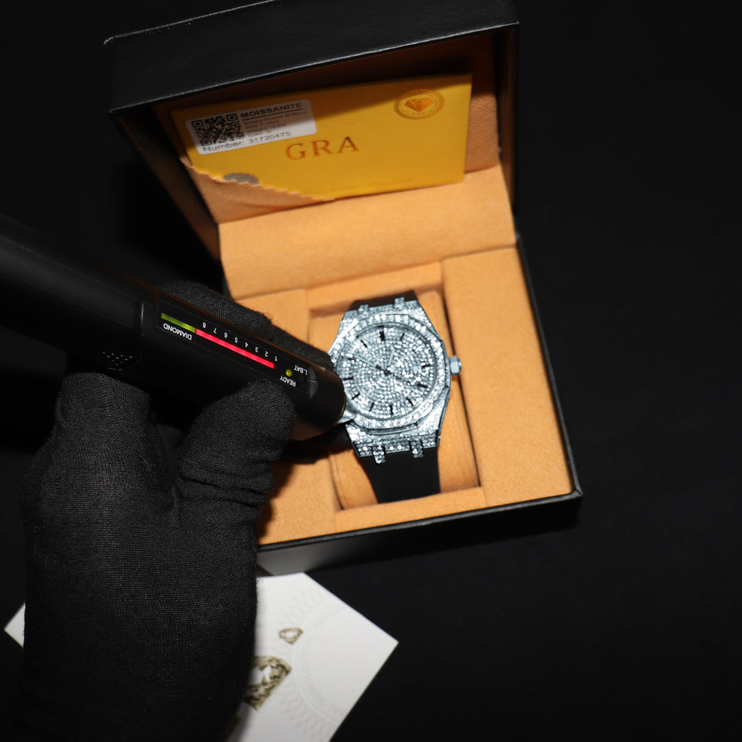 VVS1 Luxor Watch w/ Black Strap - Moissanite - White Gold