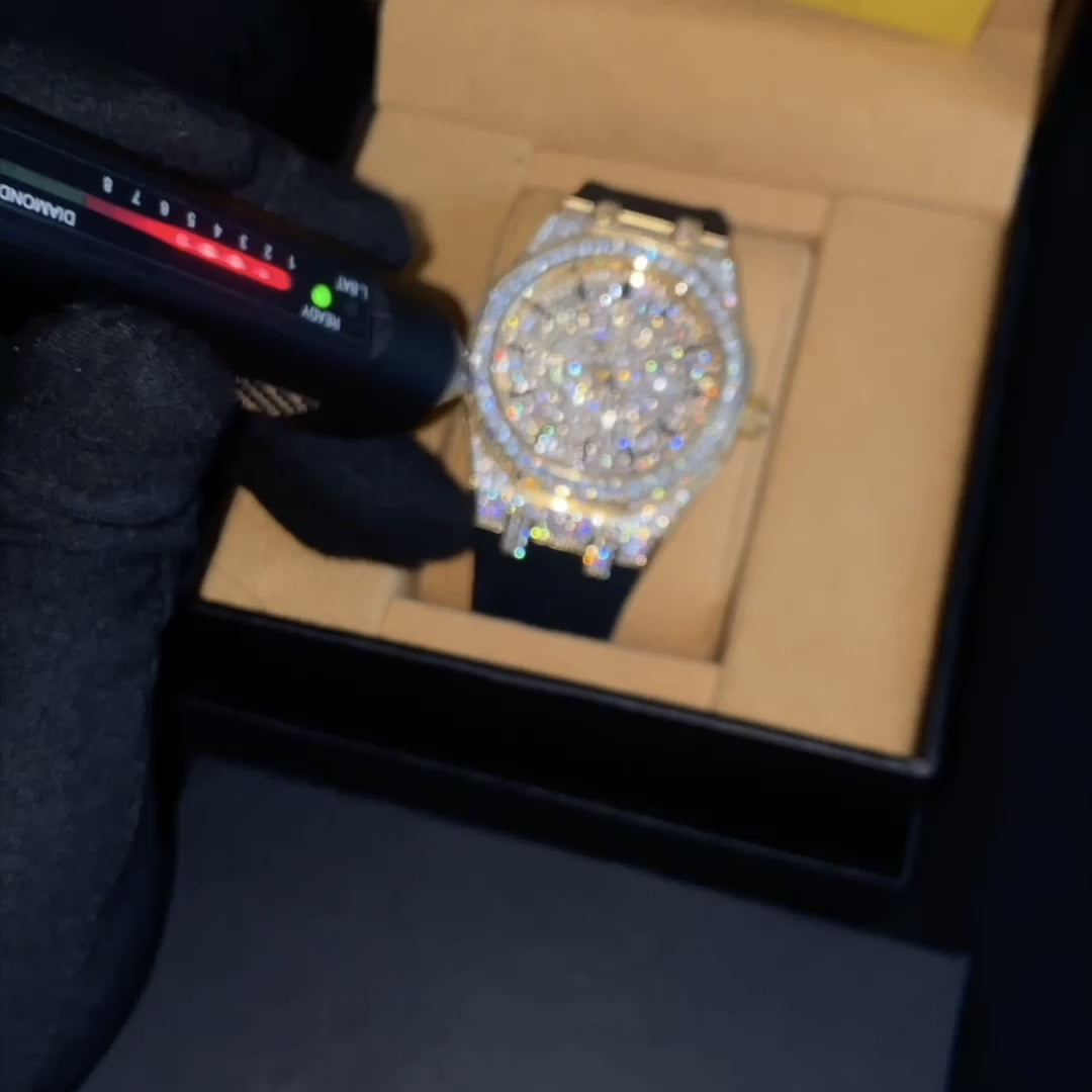 VVS1 Luxor Watch w/ Black Leather Strap - Moissanite - Gold